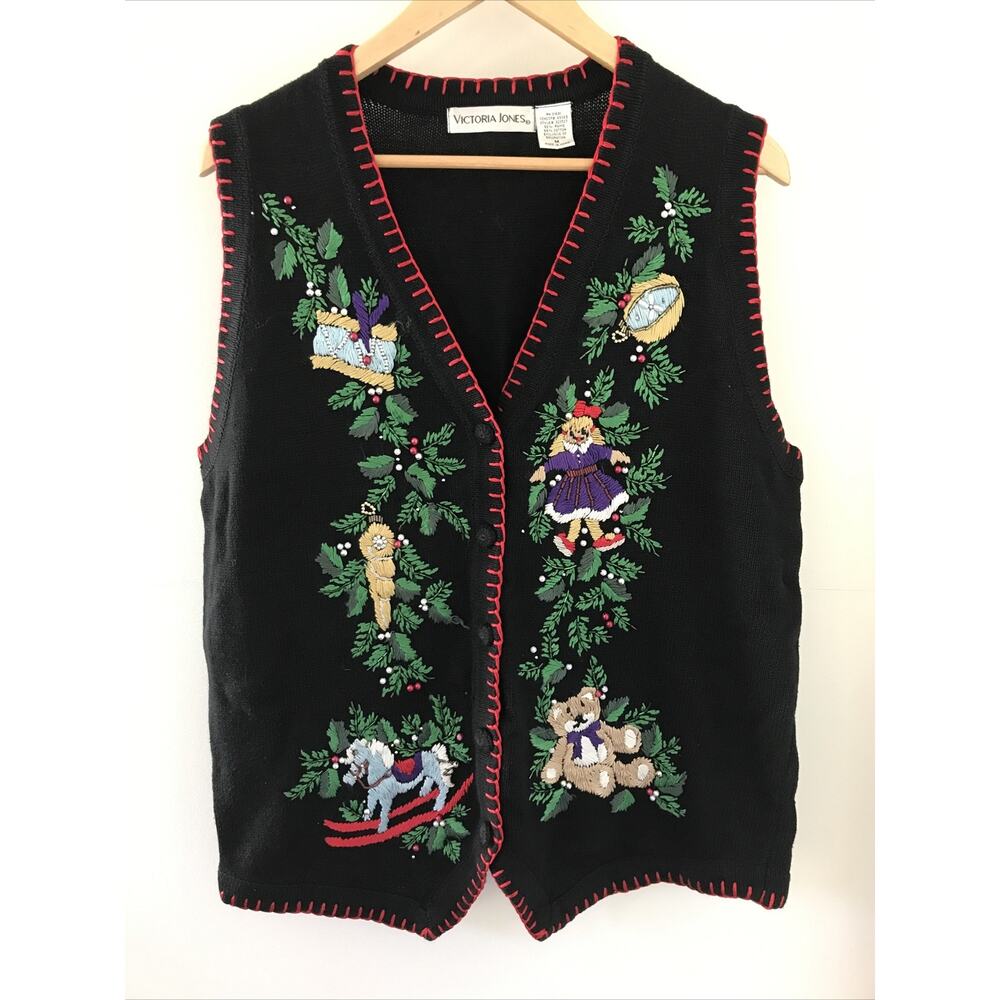 Vtg Victoria Jones Black Ugly Christmas Button Up Cardigan Sweater Vest M L 44" - Picture 1 of 8